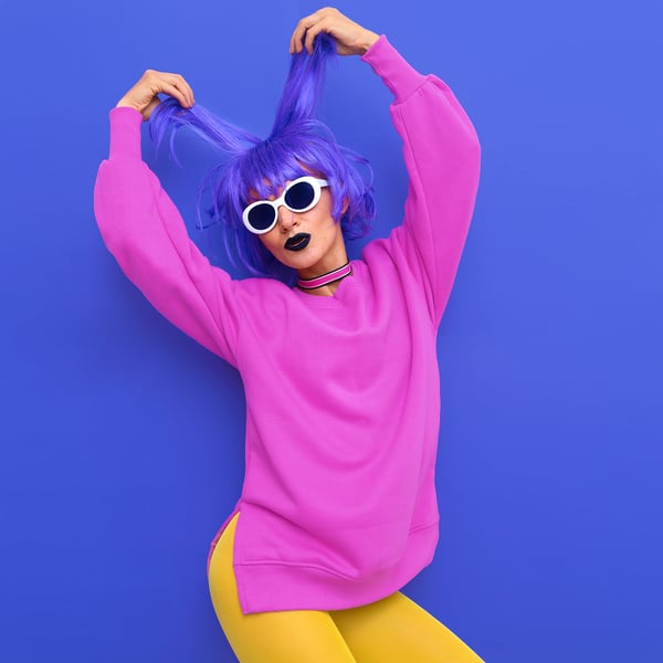 Fashion Model with Purple Hair and Bright Stylish Outfit. Trends